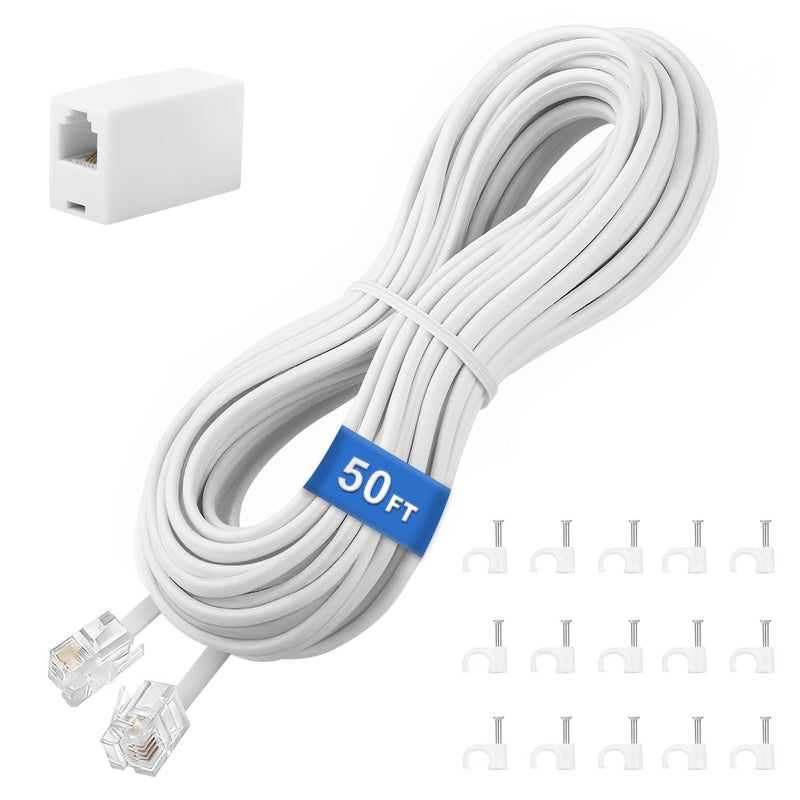Uvital Phone Extension Cord 50 FT, Long Telephone Extension Line Cable with RJ11 Plug and 1 in-line Coupler and 35pcs Nail-in Cable Clips, White - Image 1